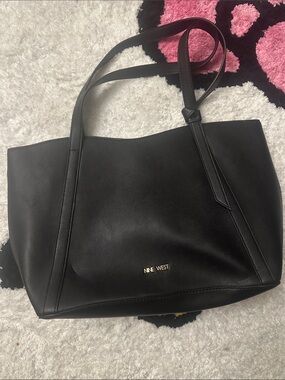 Nine West Black Leather-Look Tote with Gold Logo